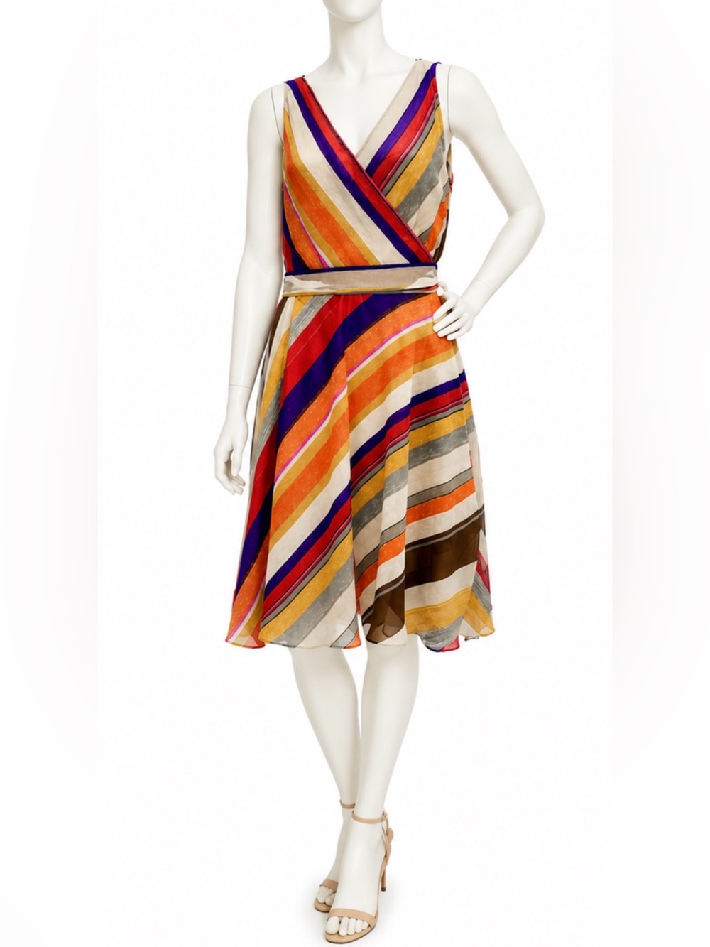 👗🎨 LAUREN‎ RALPH LAUREN Striped Wrap Dress | Multicolor Tie Belt | Sz 12 - Picture 3 of 9